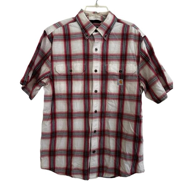 Carhartt Signature Red Plaid Button-up Shirt S/S Loose Fit Mens Sz Medium - Picture 1 of 11